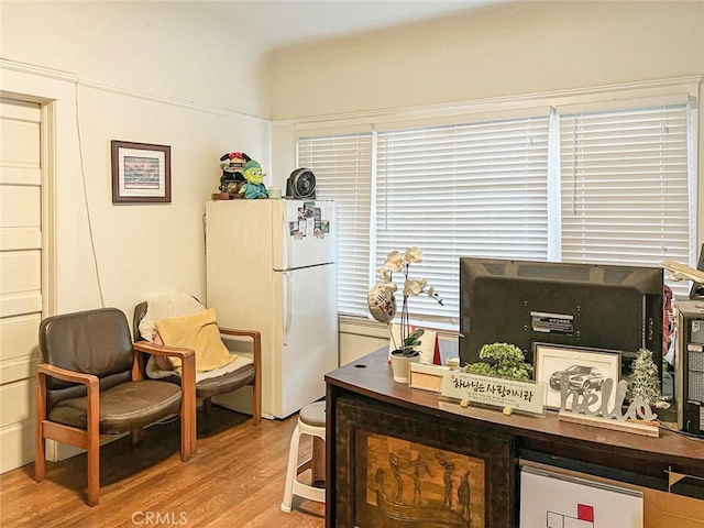 home office with hardwood / wood-style floors