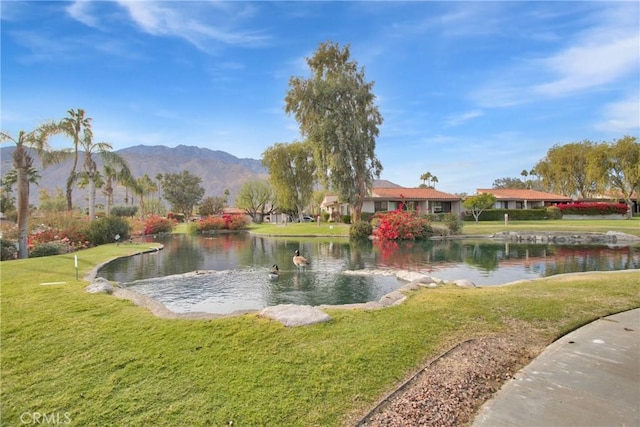 view of community featuring a water and mountain view and a lawn