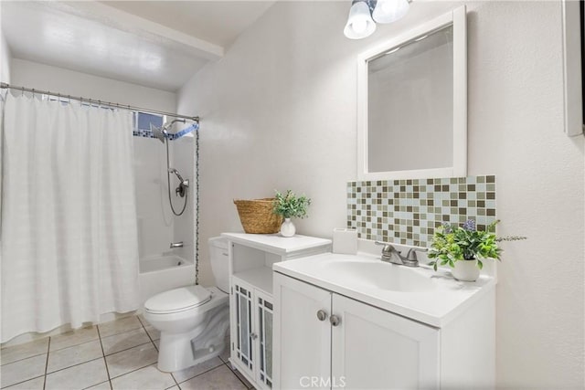 full bathroom featuring shower / bath combo, vanity, tasteful backsplash, tile patterned floors, and toilet