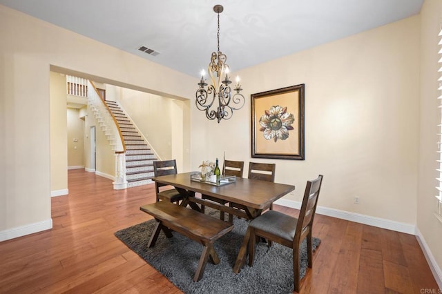 dining room featuring wood-type flooring and a chandelier