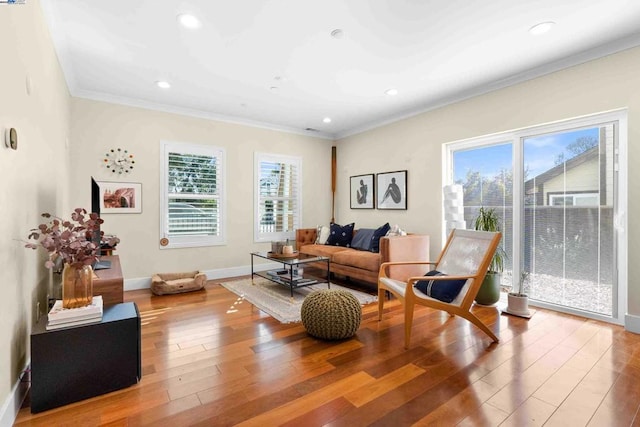 living room with hardwood / wood-style flooring and ornamental molding