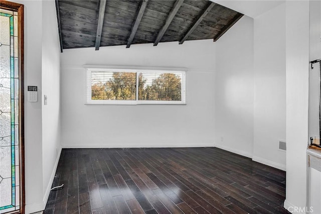 unfurnished room with dark hardwood / wood-style floors, lofted ceiling with beams, and wood ceiling