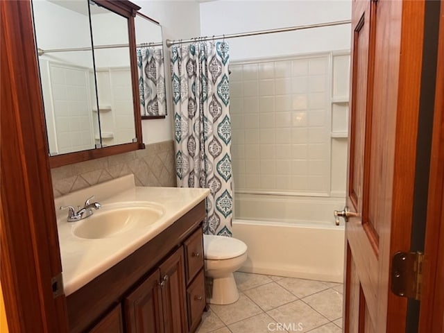 full bathroom with decorative backsplash, tile patterned flooring, vanity, shower / tub combo, and toilet