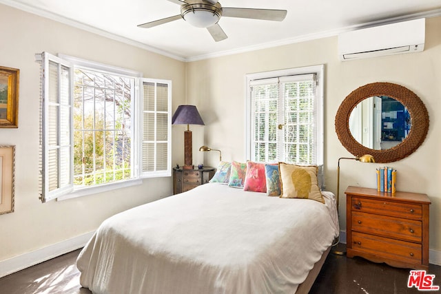 bedroom featuring an AC wall unit, ceiling fan, and ornamental molding