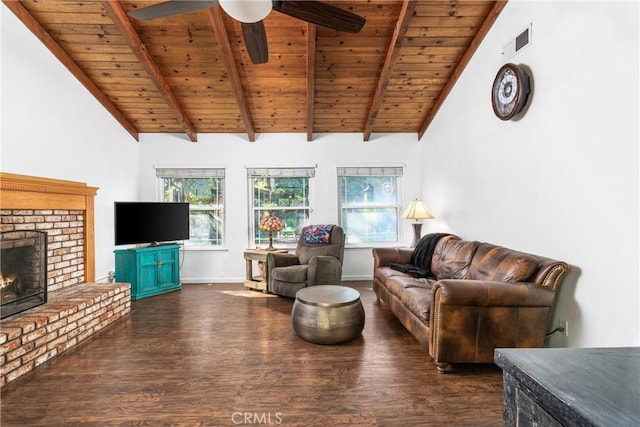 living room featuring wood ceiling, a brick fireplace, vaulted ceiling with beams, dark wood-type flooring, and ceiling fan