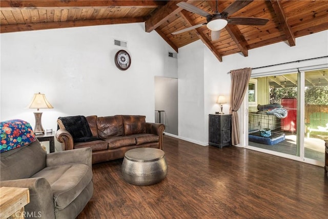 living room with wood ceiling, ceiling fan, beamed ceiling, and dark wood-type flooring