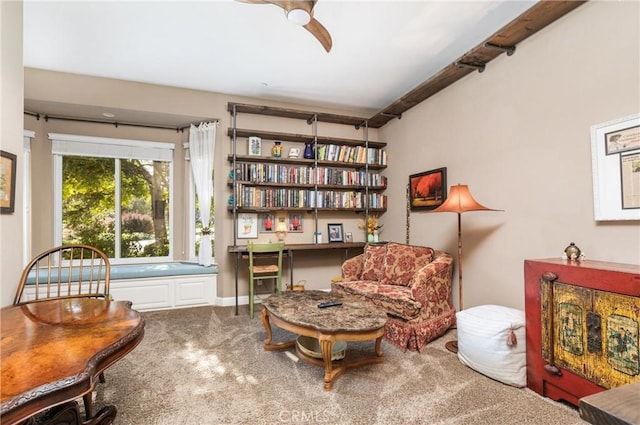 living area with carpet and ceiling fan