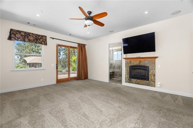 325 Red Oak Way, Arroyo Grande, CA 93420 - unfurnished living room featuring carpet, a ceiling fan, a tiled fireplace, and recessed lighting