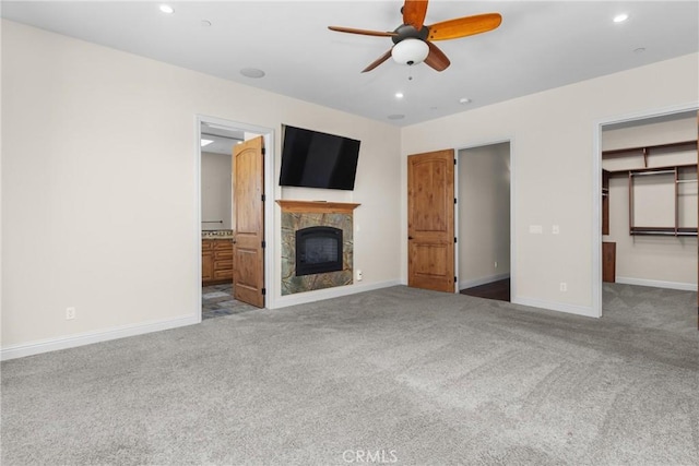 325 Red Oak Way, Arroyo Grande, CA 93420 - unfurnished living room featuring carpet floors, ceiling fan, a tiled fireplace, and recessed lighting