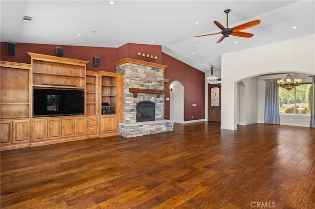 325 Red Oak Way, Arroyo Grande, CA 93420 - unfurnished living room featuring a ceiling fan, a chandelier, a fireplace, dark wood-style flooring, and vaulted ceiling