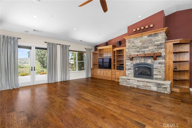 325 Red Oak Way, Arroyo Grande, CA 93420 - unfurnished living room with vaulted ceiling, hardwood / wood-style floors, a ceiling fan, a fireplace, and french doors