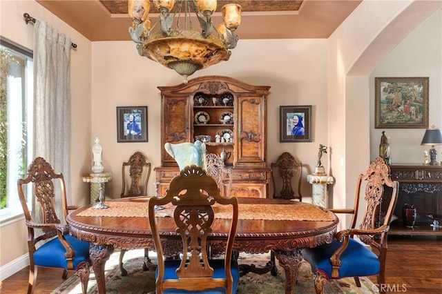 325 Red Oak Way, Arroyo Grande, CA 93420 - dining room featuring wood finished floors, arched walkways, and a chandelier