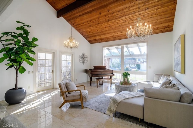 living area featuring beam ceiling, high vaulted ceiling, an inviting chandelier, and wood ceiling