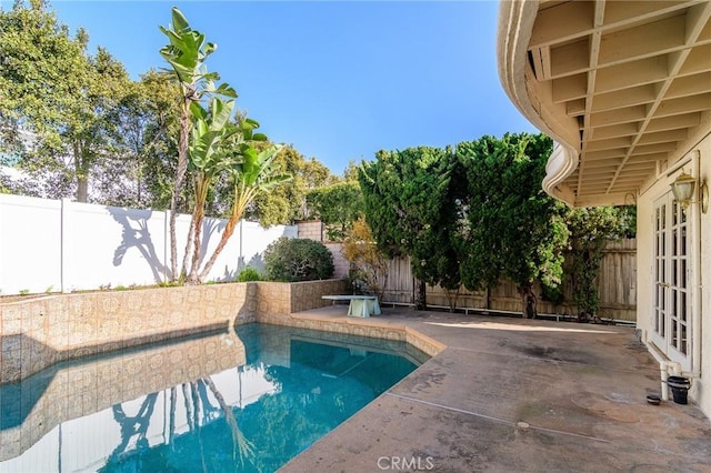 view of swimming pool featuring french doors and a patio area