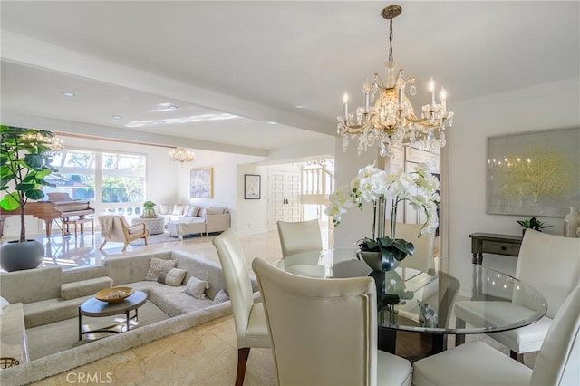 dining space with beam ceiling and a chandelier