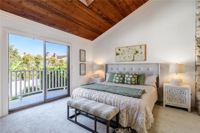 carpeted bedroom with wood ceiling, ornamental molding, high vaulted ceiling, and access to outside