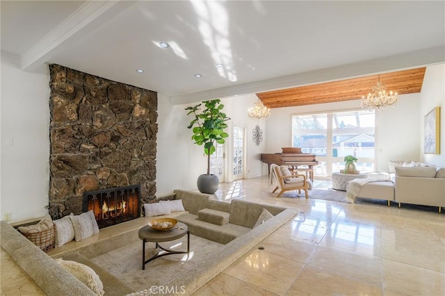 living room with a notable chandelier, a fireplace, and beamed ceiling