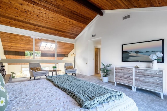 bedroom featuring beam ceiling, high vaulted ceiling, carpet, and wooden ceiling