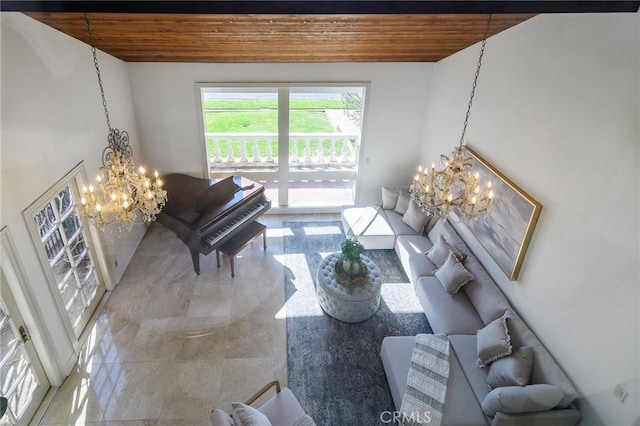 living room featuring beamed ceiling, a notable chandelier, and wood ceiling