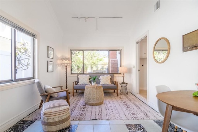 sitting room with rail lighting and light tile patterned floors