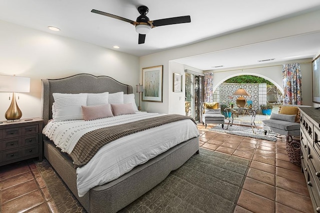 bedroom featuring access to outside and ceiling fan