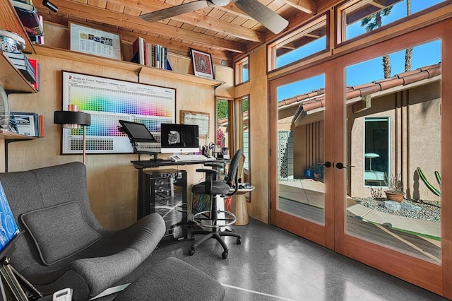 office featuring wood ceiling, a towering ceiling, wooden walls, french doors, and beamed ceiling