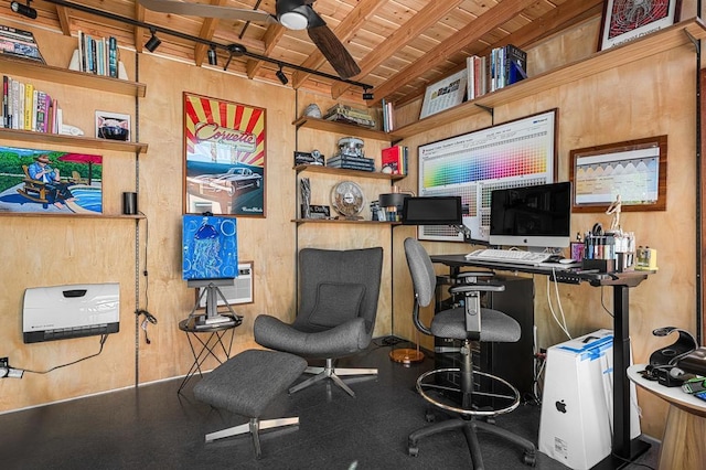 office area with beamed ceiling, ceiling fan, wood ceiling, and wood walls