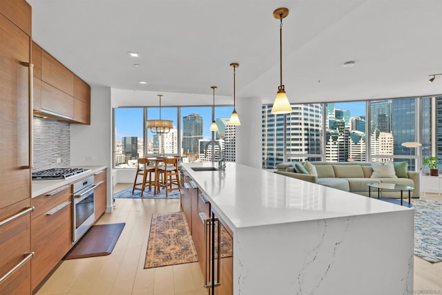 kitchen with a kitchen island with sink, pendant lighting, stainless steel appliances, light hardwood / wood-style floors, and decorative backsplash