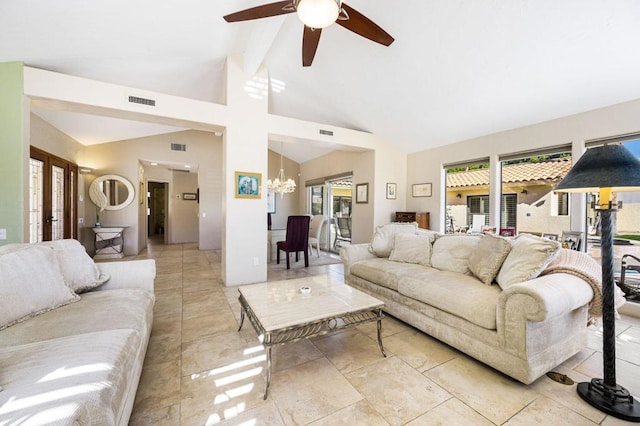 living room with ceiling fan with notable chandelier, vaulted ceiling with beams, and french doors