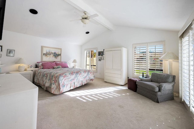 bedroom with ceiling fan, light carpet, and lofted ceiling with beams