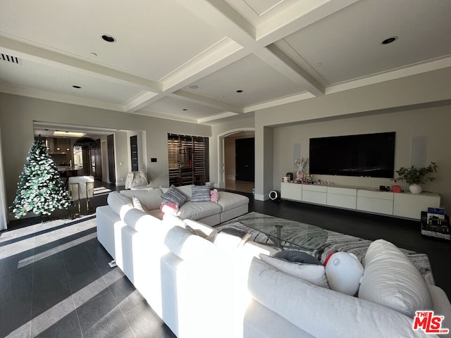 tiled living room featuring beam ceiling and coffered ceiling