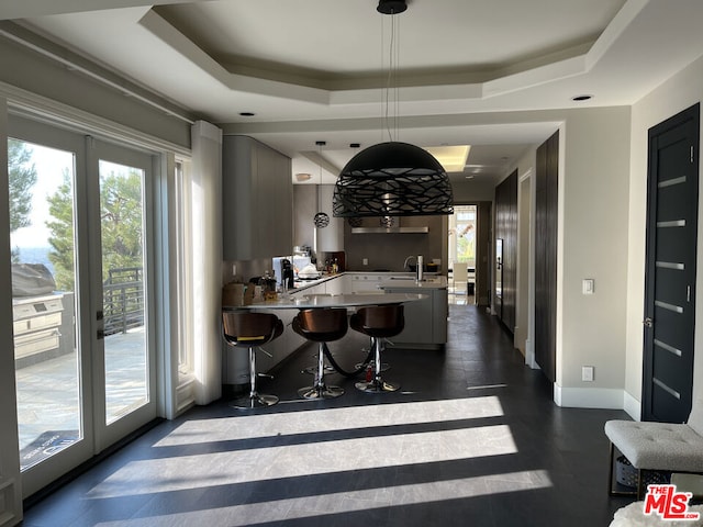 dining room with sink and a tray ceiling