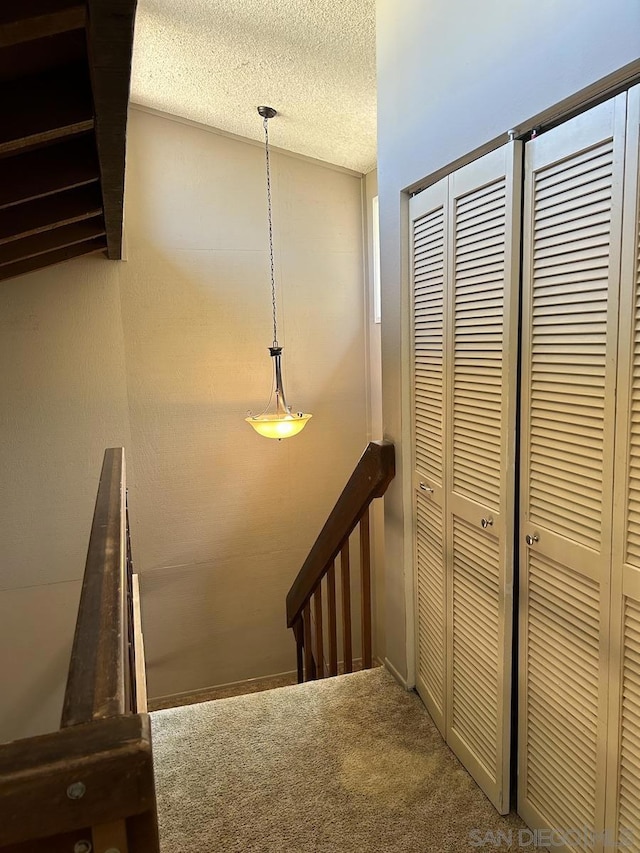 staircase featuring a textured ceiling and carpet flooring