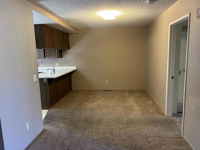 kitchen with light colored carpet, a textured ceiling, dark brown cabinetry, and sink