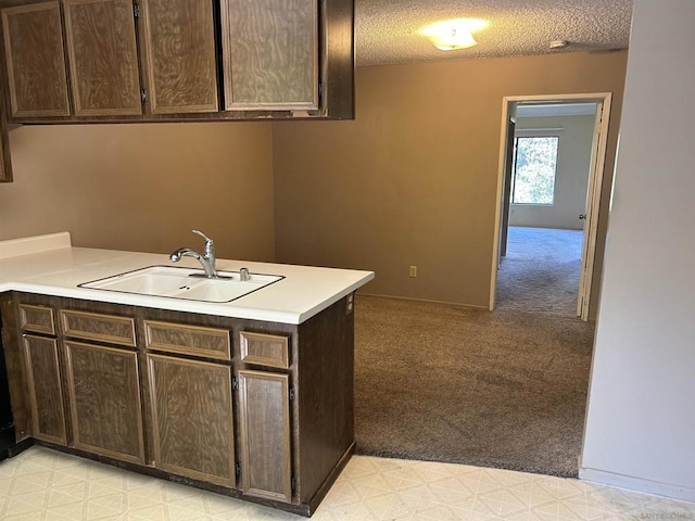 kitchen featuring kitchen peninsula, dark brown cabinets, sink, and light carpet