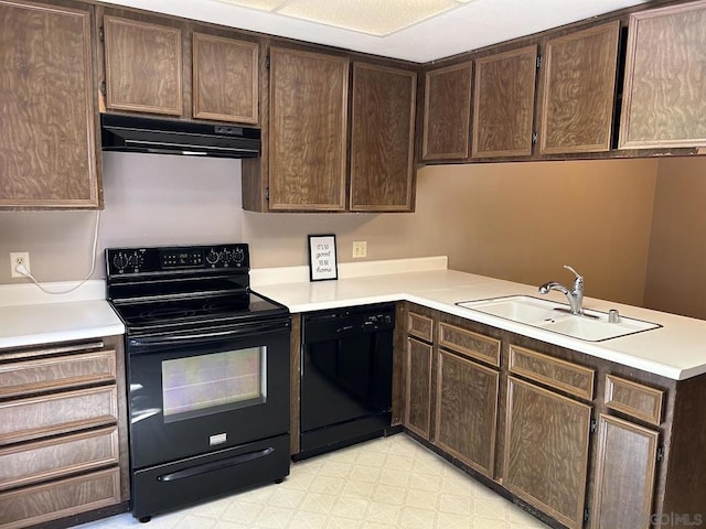 kitchen featuring black appliances, dark brown cabinets, kitchen peninsula, and sink