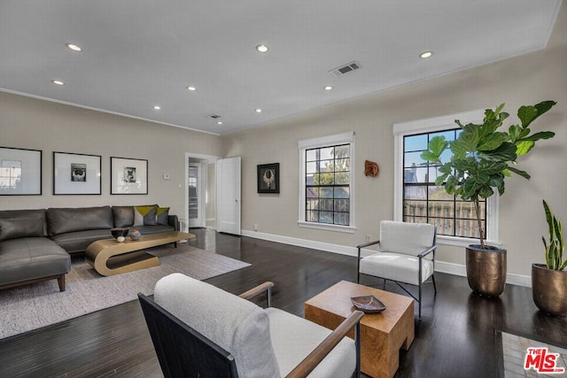 living room with dark hardwood / wood-style floors