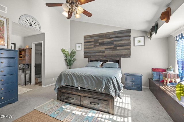 bedroom with light carpet, ceiling fan, a spacious closet, and lofted ceiling