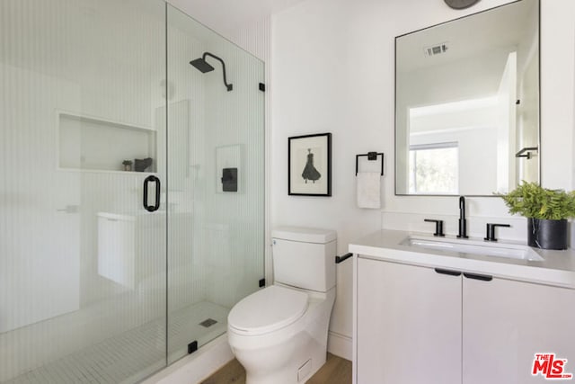 bathroom with toilet, vanity, and walk in shower