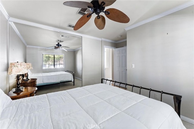 bedroom featuring ceiling fan, carpet flooring, and crown molding