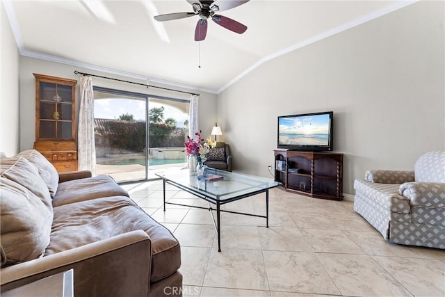 living room with crown molding, vaulted ceiling, and ceiling fan