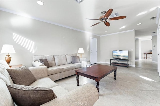 tiled living room featuring ceiling fan and crown molding