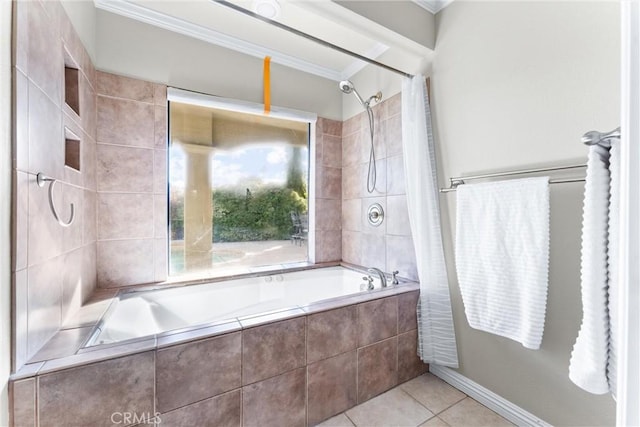 bathroom with crown molding, tiled shower / bath, and tile patterned flooring