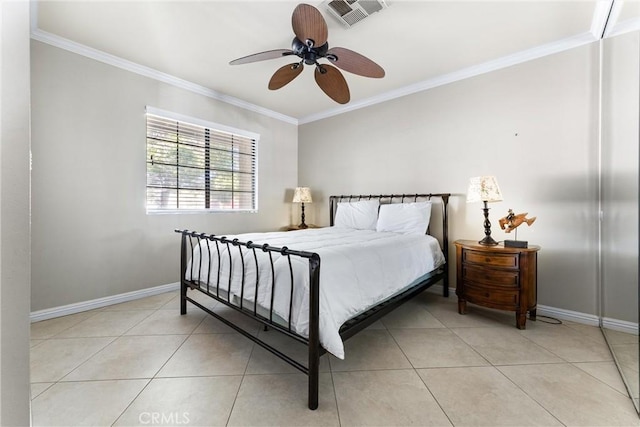 bedroom featuring light tile patterned floors, ceiling fan, and ornamental molding