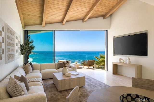 living room with vaulted ceiling with beams and wooden ceiling