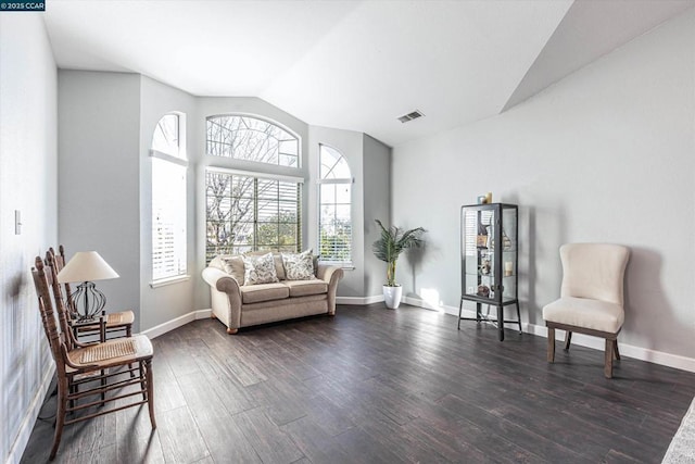 sitting room featuring vaulted ceiling and dark hardwood / wood-style floors