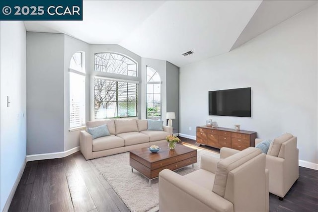 living room featuring vaulted ceiling and hardwood / wood-style floors