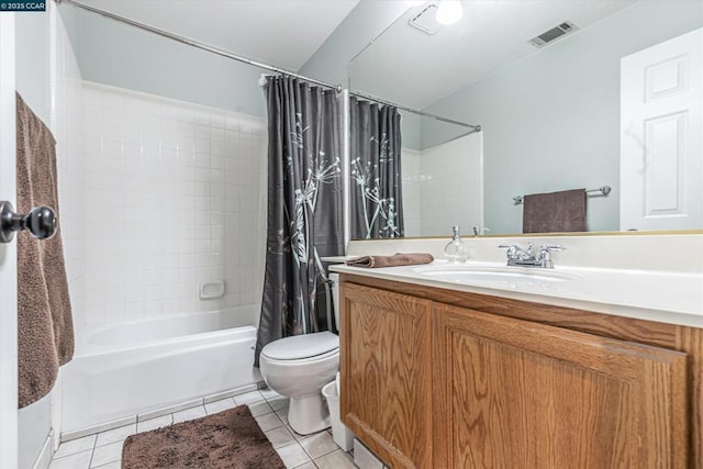 full bathroom featuring tile patterned flooring, vanity, shower / bath combination with curtain, and toilet