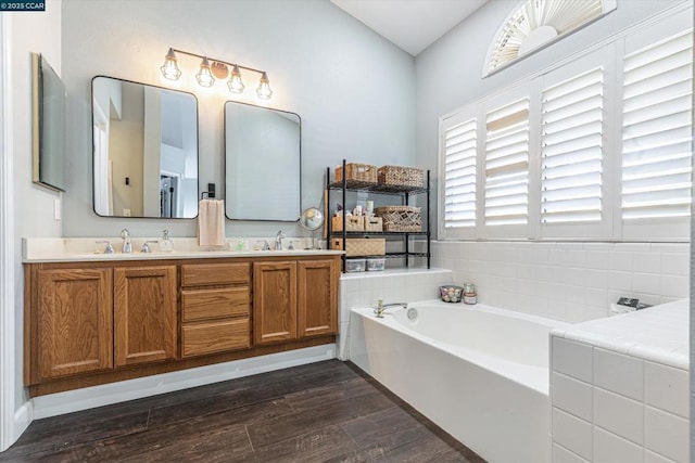 bathroom featuring vanity, wood-type flooring, and a bathing tub