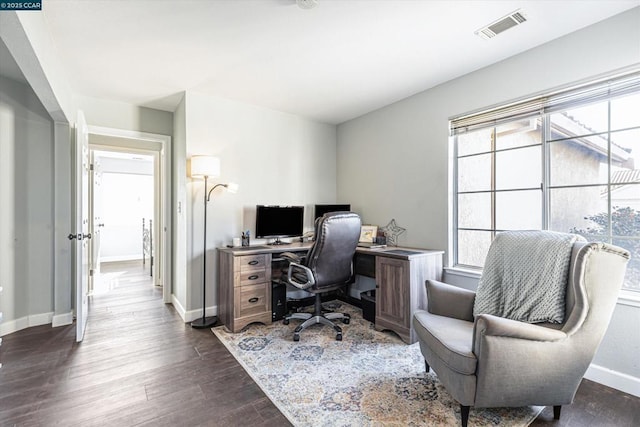 office area with a healthy amount of sunlight and dark wood-type flooring